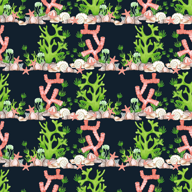 手绘水彩珊瑚和贝壳的无缝图案隔离在深蓝色的背景。海洋插图可用于纺织、织物、包装等印刷品。图片下载