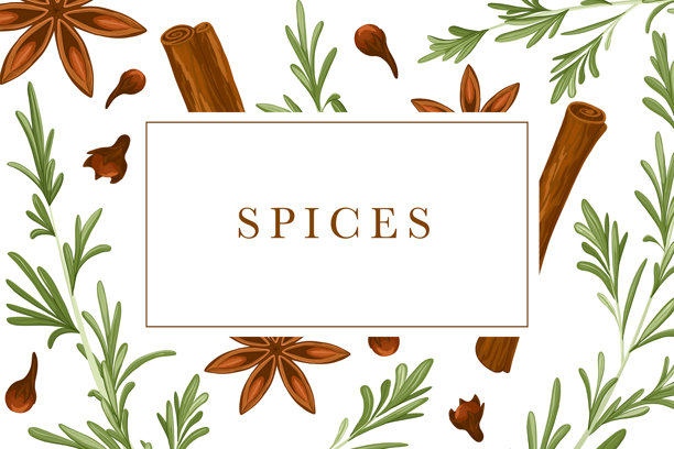矢量标签与肉桂，豆蔻，丁香，迷迭香和文本框图片下载