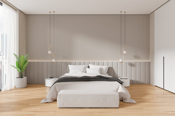 时尚的家庭卧室内部配有床和床头柜，全景窗图片下载