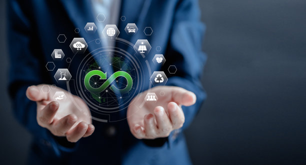 商人手持一个带有ESG图标概念的虚拟地球，用于环境，社会，治理，净零，碳中和目标，战略发展业务可持续的环境概念。图片下载