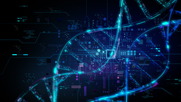 HUD界面显示数据可视化DNA，基因组，高科技医疗概念，3D渲染图片下载