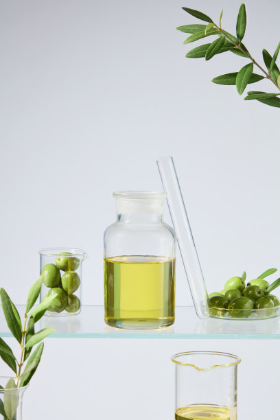 近距离前视图照片与实验室玻璃器皿和橄榄，正面拍摄在白色背景。一个装满黄色橄榄油的玻璃瓶中央，一些橄榄枝两侧装饰，复制空间图片下载