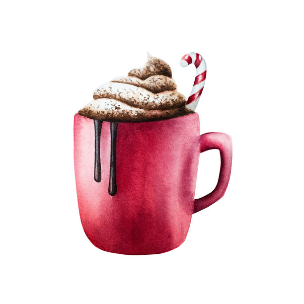 一杯圣诞可可，加鲜奶油的咖啡和一根拐杖糖。冬天的红色杯子，水彩手绘插图孤立的背景。用于设计师，装饰，商店，用于明信片，包装纸，封面。海报及纺织品图片下载