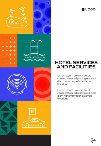 酒店服务与设施概念线性风格矢量图：健身房、餐厅、客房服务、洗衣图片下载