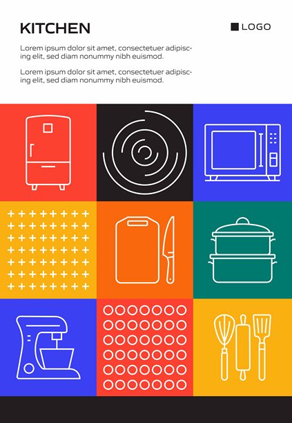 厨房概念，线条风格矢量图：厨房、电器、烤箱、水槽、家用厨房图片下载