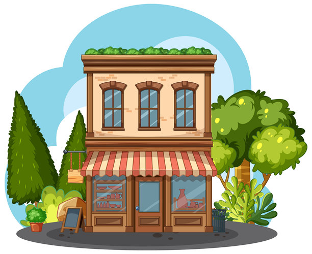 一家被郁郁葱葱的草木环绕的古色古香的商店图片下载