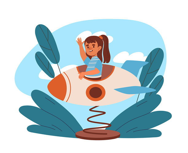 女孩骑火箭。小孩子在操场上玩吸引人的游戏。户外娱乐和娱乐。可爱的孩子在游乐场玩耍。平面矢量图图片下载