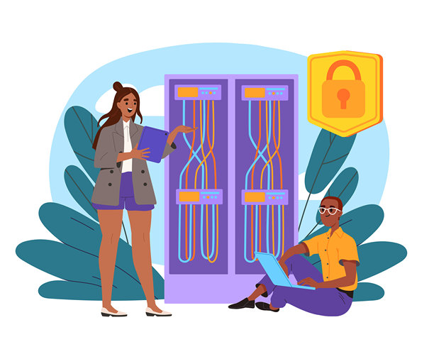 有系统保护的人。一男一女靠近保护柜内的彩色电缆。储存个人资料的伺服器的保安。电子存储和档案。平面矢量图图片下载
