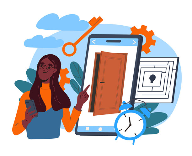 寻找出口的女人。年轻女孩的智能手机靠近门，钥匙和迷宫。解决方案和决策。智力逻辑游戏。平面矢量图图片下载