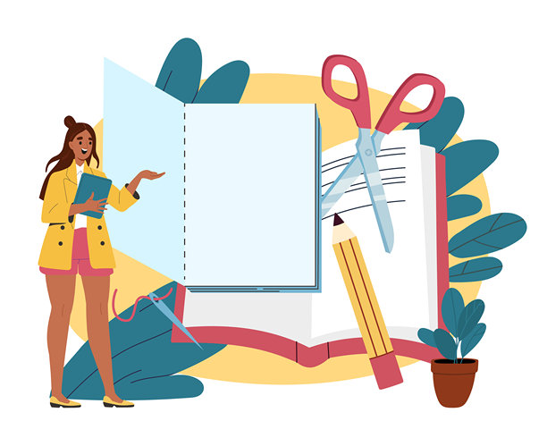 女人在写书。一个女人靠近一本有装订的印刷书。印刷和印刷。有才华的作家和编辑编写教科书或小说。平面矢量图图片下载