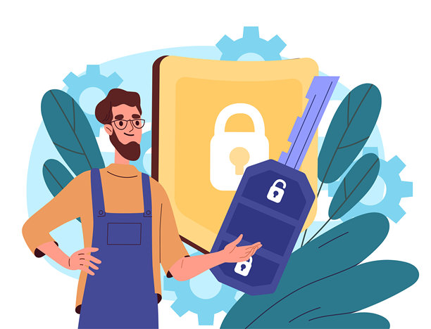 有汽车保护装置的人。穿着制服拿着车钥匙的年轻人。车辆安全保障。有钥匙的修理工。汽车和车辆。平面矢量图图片下载