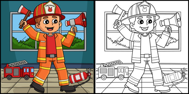 消防员男孩着色页彩色插图图片下载