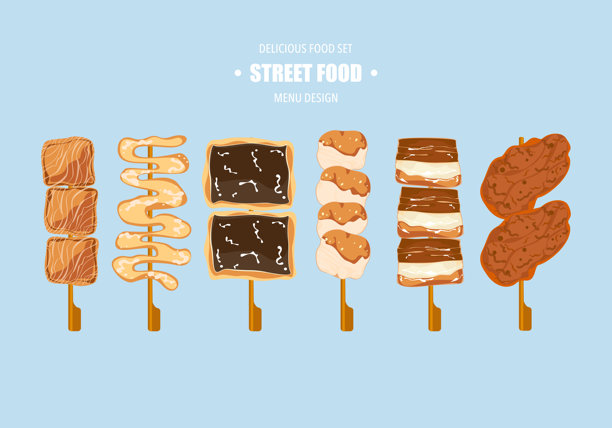街边小吃烤鸡肉串配上各种烤肉串。亚洲快餐和外卖餐厅孤立的白色背景可爱的卡通设计元素，易于编辑。图片下载