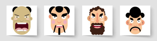 向量面集合。日本武士，脸上带着激动的表情。特写肖像。图片下载