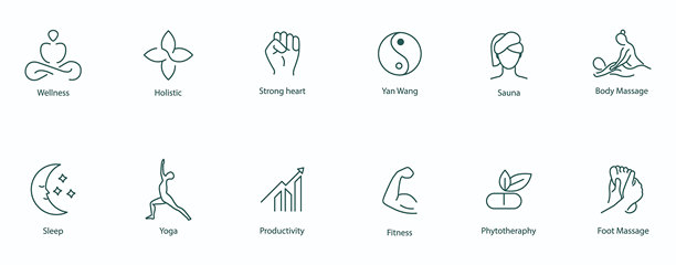 矢量图标集:冥想，正念，整体，强大的心脏，阳棒，桑拿，身体按摩，睡眠，瑜伽，生产力，健身，足部按摩图片下载