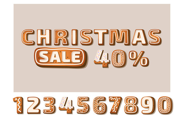 圣诞折扣销售姜饼饼干卡通风格与不同的数字变化图片下载