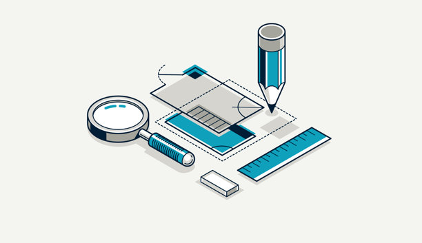 工程项目概念，蓝图工程师工作矢量2.5D等距插图，抽象草图，CAD技术计划图片下载