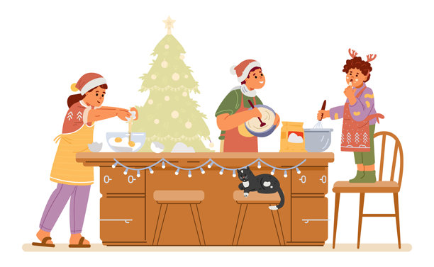 孩子们在圣诞装做饭一起在家里平面矢量插图孤立的白色。兄弟姐妹们在烘焙。图片下载