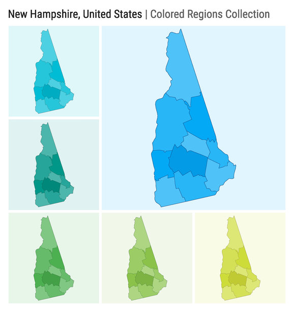 新罕布什尔州，美国。地图收藏。州的形状。彩色的县。浅蓝色，青色，蓝绿色，绿色，浅绿色，石灰色调色板。新罕布什尔州与各县的边界。图片下载