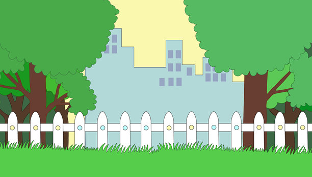 院子里有白色的篱笆、绿色的草坪、树木和建筑图片下载