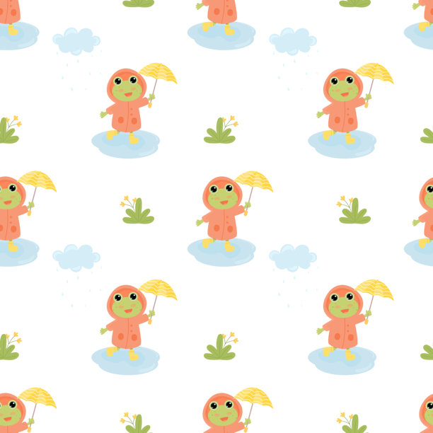 无缝图案与可爱的微笑青蛙。图片下载