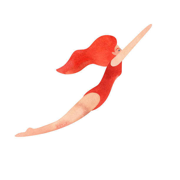 一个运动员，一个穿着红色泳衣，留着红色长发的女人，正在游泳。水彩插图隔离的设计文凭和体育证书，广告的游泳池，比赛和度假村。图片下载