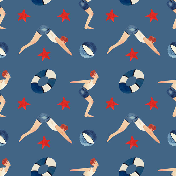 一个运动员——一个穿着白色t恤和蓝色泳裤的男人跳进水里，周围是救生圈和海星。无缝水彩图案，手绘。复古风格。蓝色背景图片下载
