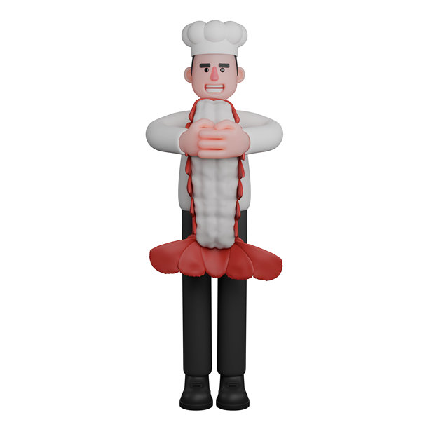 专业厨师在3D。一位厨师正双手抱着一只大虾。男性图片下载