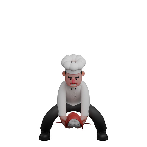 男厨师职业性格。一位厨师正坚定地向前弯着腰，两只手小心翼翼地抓着一只大虾。三维演示图片下载