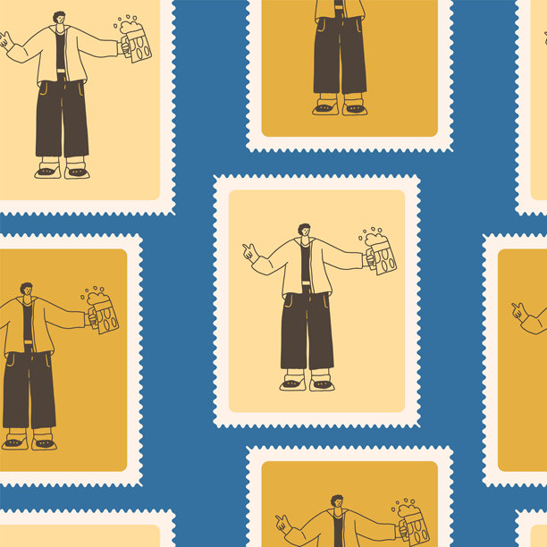 啤酒节格子无缝花纹。字符便当盒重复背景。啤酒节复古邮票设计无穷无尽。矢量手绘插图。图片下载