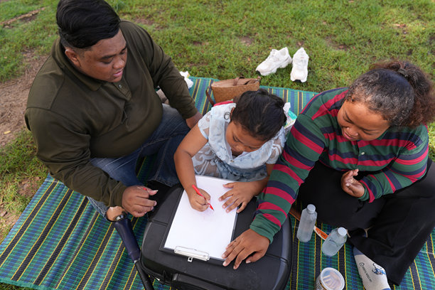 一个又大又胖的亚洲家庭，爸爸、妈妈、女儿在公园里野餐，他们坐着吃零食。他们坐着做作业，互相送花。他们很开心。图片下载