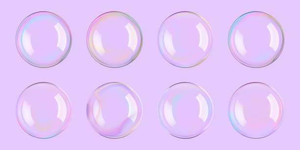 透明肥皂泡沫球在空气中。3D彩虹球和纹理圆浮动粉红色png。玻璃塑料镜面反射在大浴珠上。闪亮的粉彩吹起了白日梦般的泡泡图片下载