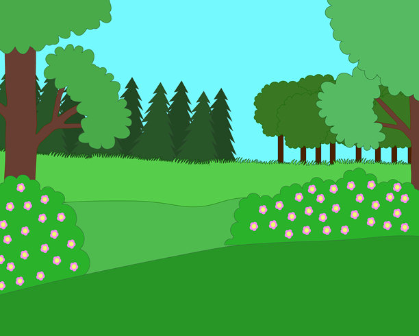 绿色的森林灌木，鲜花，高大的树木，草地图片下载