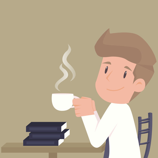 商人端着一杯咖啡，放松。说明向量图片下载