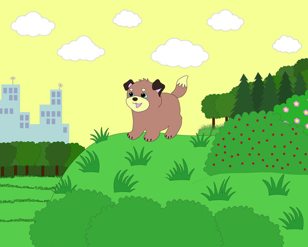 可爱的棕色小狗站在山上看建筑物图片下载