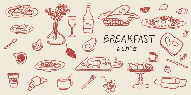手绘粉笔食物插图集。速写风格的早餐，午餐图标。酒杯，咖啡，羊角面包，奶酪和面包图纸的邀请，菜单和聚会。意大利风格的甜蜜生活。图片下载