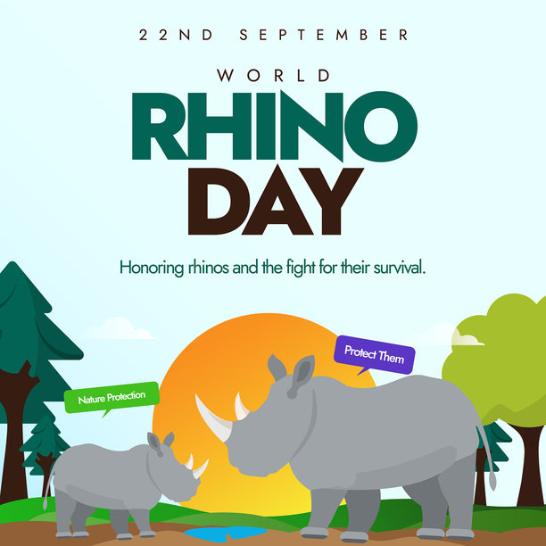 犀牛日庆祝活动的社交媒体横幅上有动物园里的两只灰角犀牛。这一天提高了人们对所有五种犀牛的认识，强调了为保护它们所做的努力图片下载