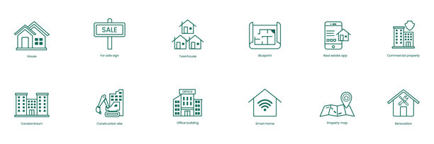 房地产矢量图标集:房子，出租标志，联排别墅，蓝图，房地产应用程序，商业物业，公寓，建筑工地，办公楼，智能家居，物业地图，装修图片下载
