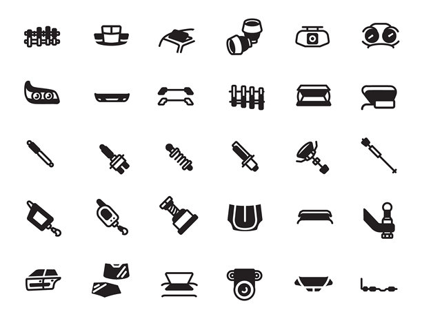 汽车悬架和照明图标设置在黑色，具有冲击，大灯，和汽车部件图片下载