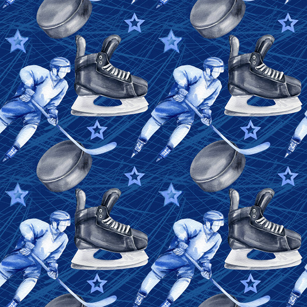 冰球运动员拿着冰球、星星和黑色冰鞋在冰上的蓝色水彩点和冰道上运动，手绘插画，水彩无缝图案的冰上运动主题图片下载