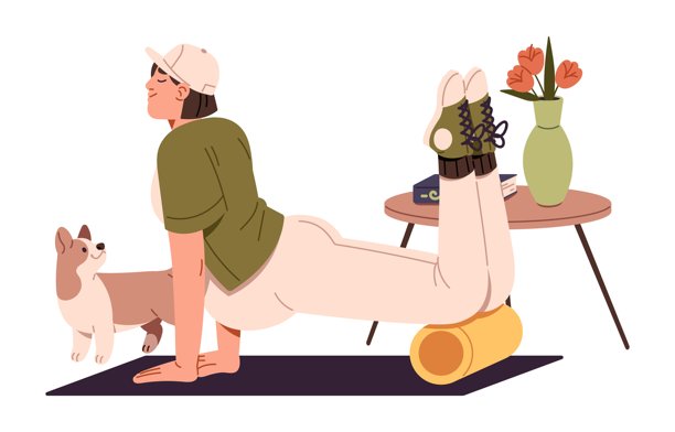 有肚子的女孩练习怀孕健身。孕妇训练时，用泡沫滚筒做运动。准妈妈在室内做普拉提锻炼。平面隔离矢量插图上的白色图片下载