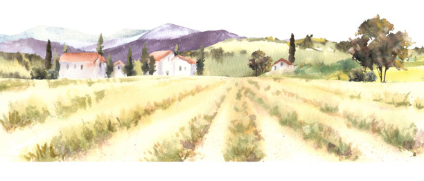 风景与田野的房子，树木和山丘水彩农村意大利，法国手绘插图图片下载