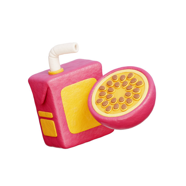 百香果果汁盒，新鲜水果和浆果，3D渲染。图片下载