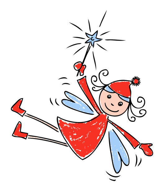 圣诞俏皮小精灵女孩，卡通飞行欢快微笑仙女与魔棒，矢量轮廓手绘插图孤立在白色图片下载