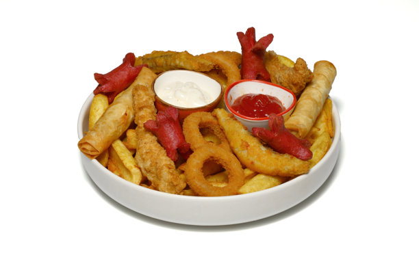 啤酒盘麻辣鸡块，炸鱿鱼圈，薯条洋葱圈，芝士球，面包屑。图片下载