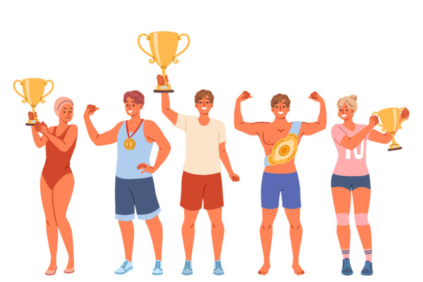 几位获得金杯和奖牌的运动员夸耀自己在奥运会上取得的成就和奖杯图片下载