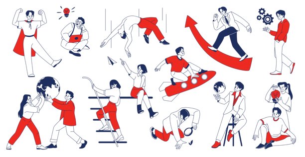 涂鸦的角色。直线办公室的人。侦探或创业者。成功的商业工作草图。增长的箭头。一对抱着地球的夫妇。有创意灯泡的女人。矢量卡通红色的人设置图片下载