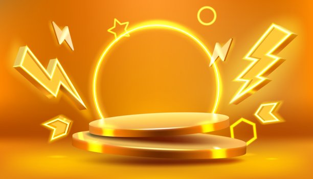 销售报价。产品领奖台，大型卖场折扣，活动空台及百分比，金色霓虹灯，高档奢侈品。矢量横幅模板。广告的背景图片下载