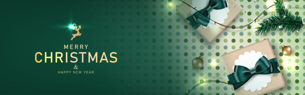 圣诞背景横幅与礼品盒在工艺风格，松枝，圣诞球，光装饰上点图案绿色背景。矢量插图。图片下载