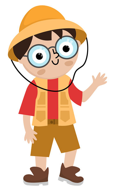 矢量古生物学家图标。卡通考古学家男孩剪贴画戴着帽子和棕色靴子挥手。历史恐龙挖掘或挖掘科学家或探险家插图。旅游的照片图片下载